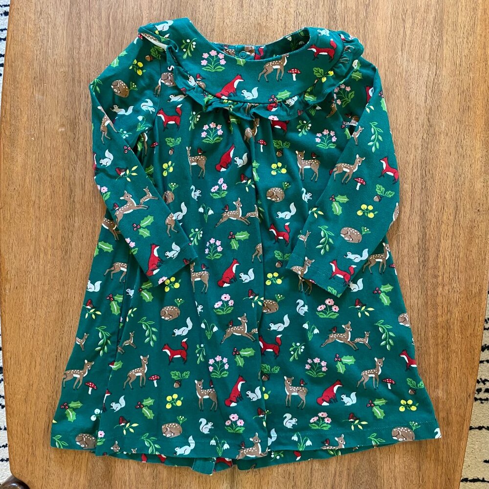 Beautiful Mini Boden Christmas dress, size 3-4T, green woodland, long-sleeved